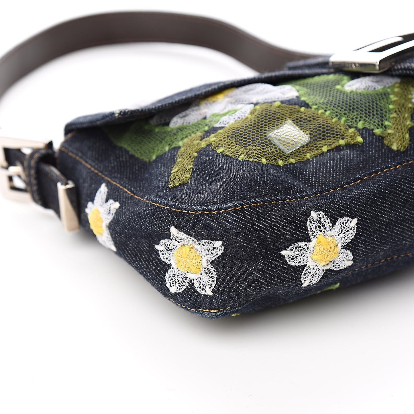 Denim Flower Applique Baguette Blue