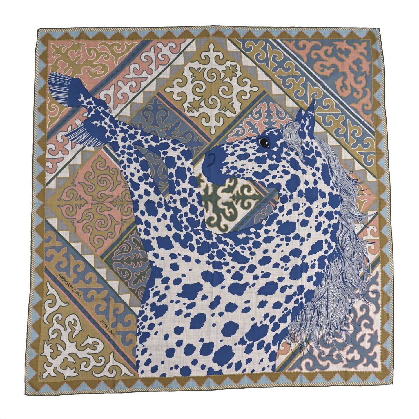 Cashmere Silk Appaloosa Des Steppes Shawl 140 Gris Chine Bleu Rose Poudre
