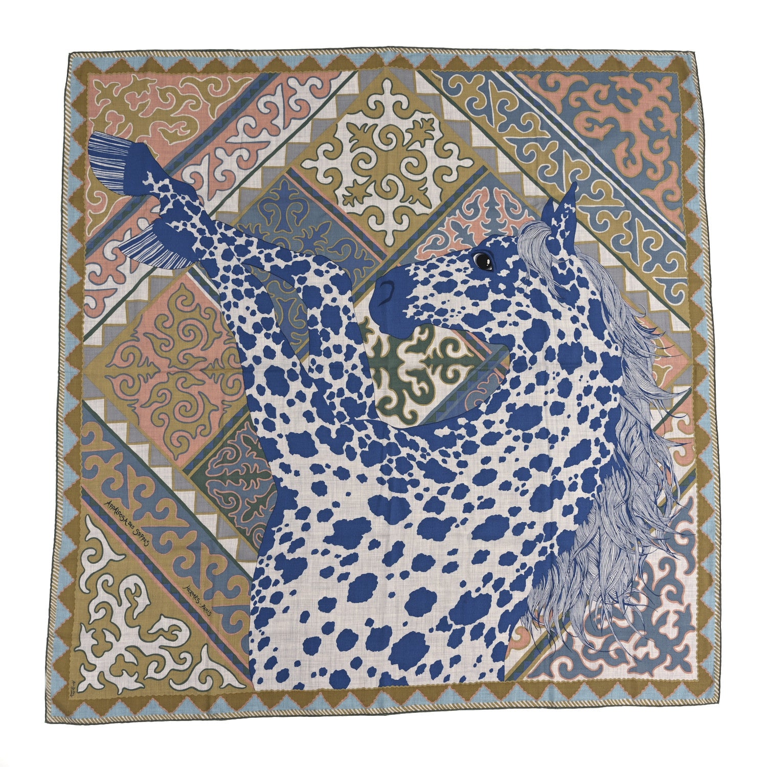 Hermes Cashmere Silk Appaloosa Des Steppes Shawl 140 Gris Chine Bleu Rose Poudre 1 of 4