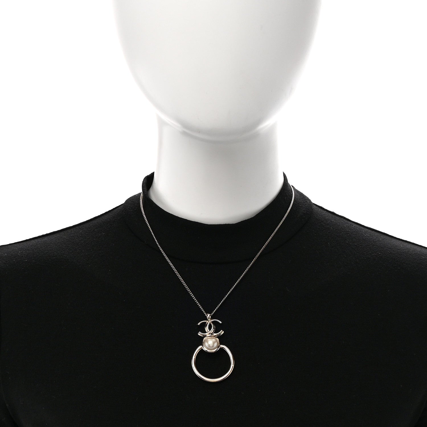 Chanel Metal Pearl CC Hoop Drop Pendant Necklace Gold 2 of 7