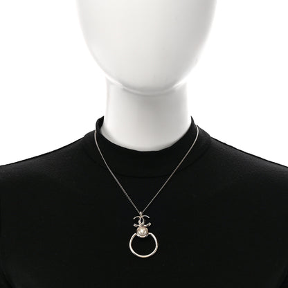 Chanel Metal Pearl CC Hoop Drop Pendant Necklace Gold 2 of 7