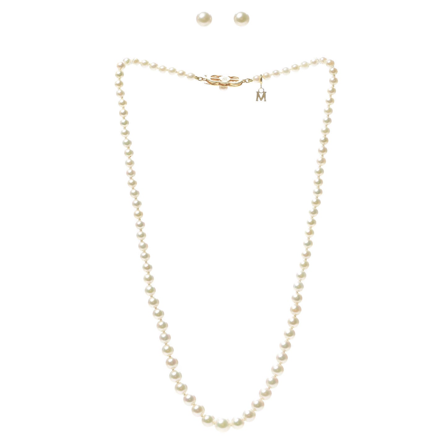 18K Yellow Gold Akoya Pearl 3.5-7.5mm Graduated Strand Necklace and Earring Set