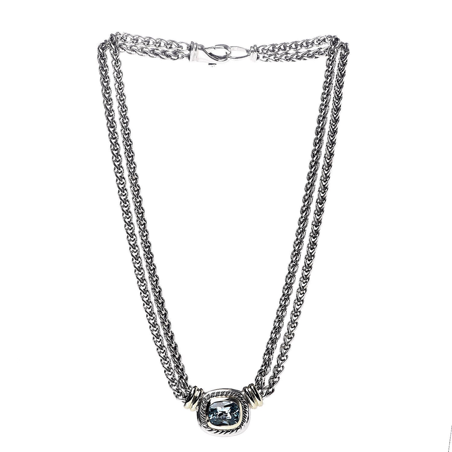 Sterling Silver 14K Yellow Gold Blue Topaz Double Wheat Chain Necklace