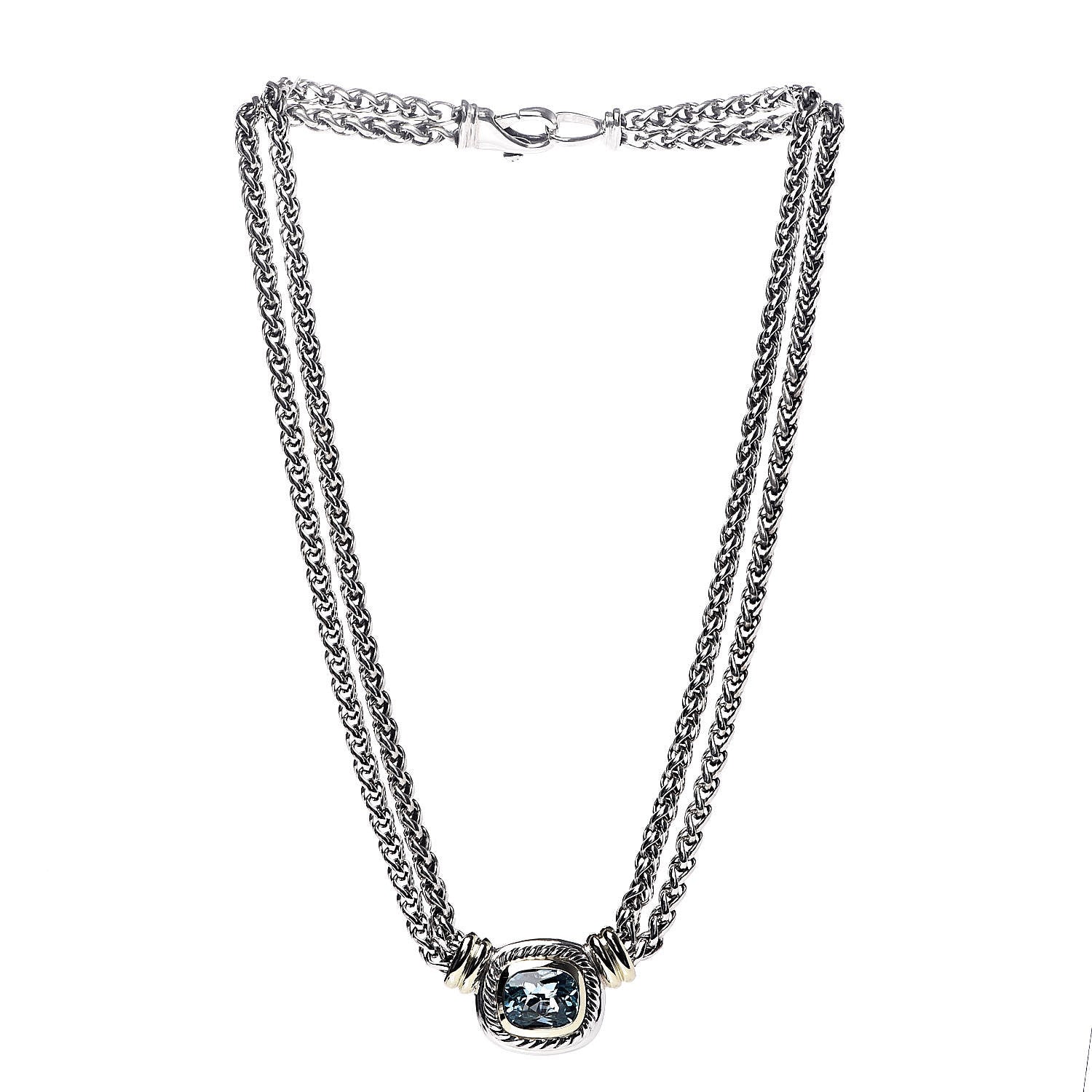 David Yurman Sterling Silver 14K Yellow Gold Blue Topaz Double Wheat Chain Necklace 3 of 6