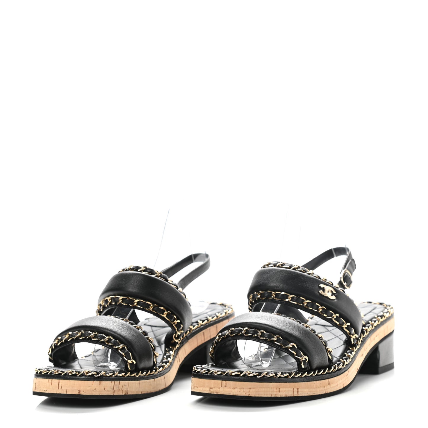 Lambskin Cork Chain Sandals 38 Black