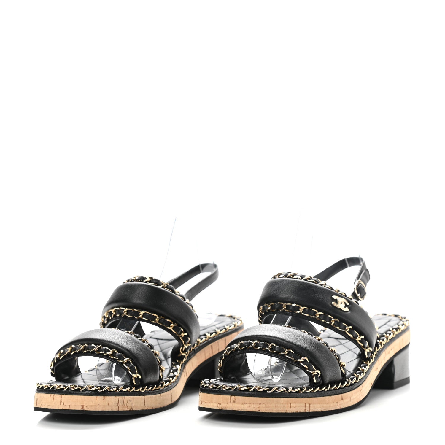 Chanel Lambskin Cork Chain Sandals 38 Black 3 of 7