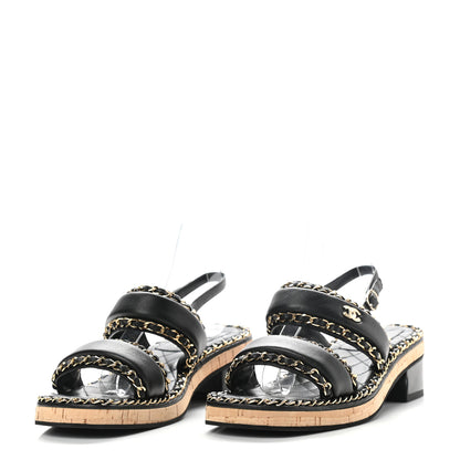 Chanel Lambskin Cork Chain Sandals 38 Black 3 of 7