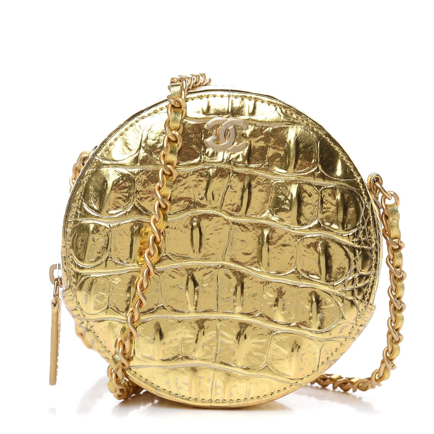 Chanel Metallic Calfskin Crocodile Embossed Cocodile Round Clutch with Chain Gold 1 of 8