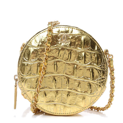 Chanel Metallic Calfskin Crocodile Embossed Cocodile Round Clutch with Chain Gold 1 of 8