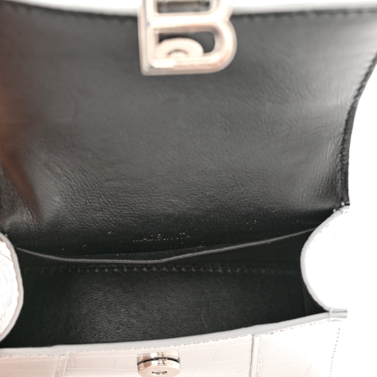 Metallic Calfskin Crocodile Embossed Hourglass Top Handle Bag Mini with Chain Silver