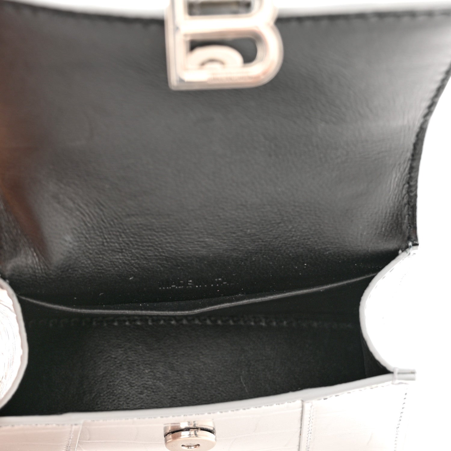 Balenciaga Metallic Calfskin Crocodile Embossed Hourglass Top Handle Bag Mini with Chain Silver 5 of 8