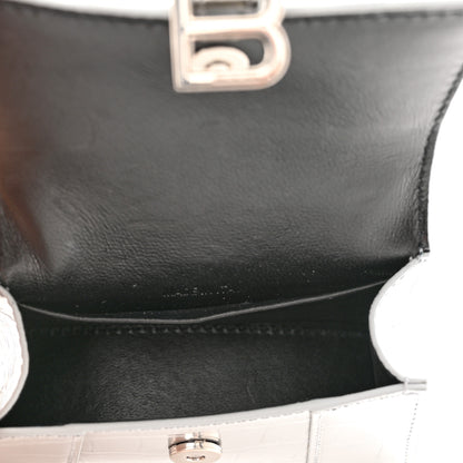 Balenciaga Metallic Calfskin Crocodile Embossed Hourglass Top Handle Bag Mini with Chain Silver 5 of 8