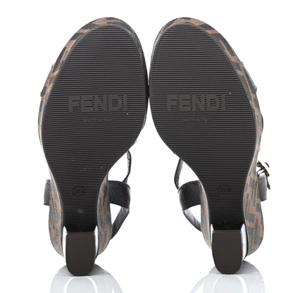 Fendi Canvas FF Calfskin Ankle Strap Wedge Sandals 38.5 Tobacco 4 of 4