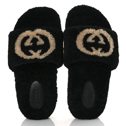 Gucci Shearling Womens Eileen Slide Sandals 37 Black Butterscotch 2 of 11