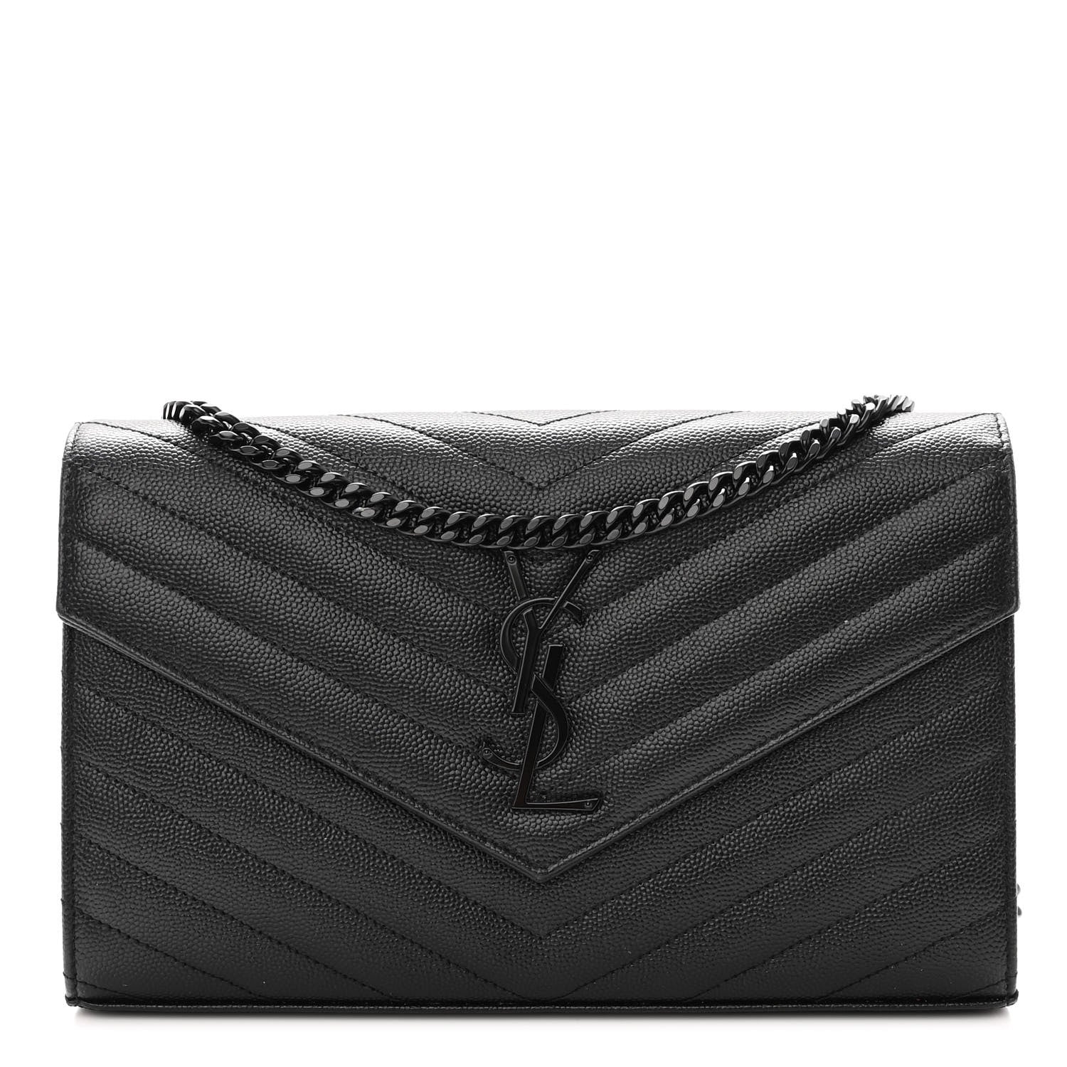 Saint Laurent Grain De Poudre Matelasse Chevron Monogram Monochrome Envelope Chain Wallet Black 1 of 11