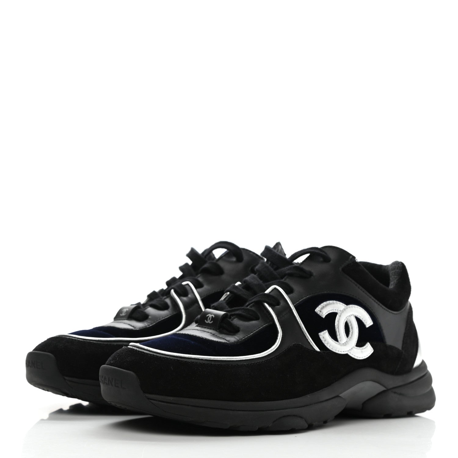 Chanel Suede Velvet Lambskin CC Sneakers 40 Black Blue Silver 3 of 9