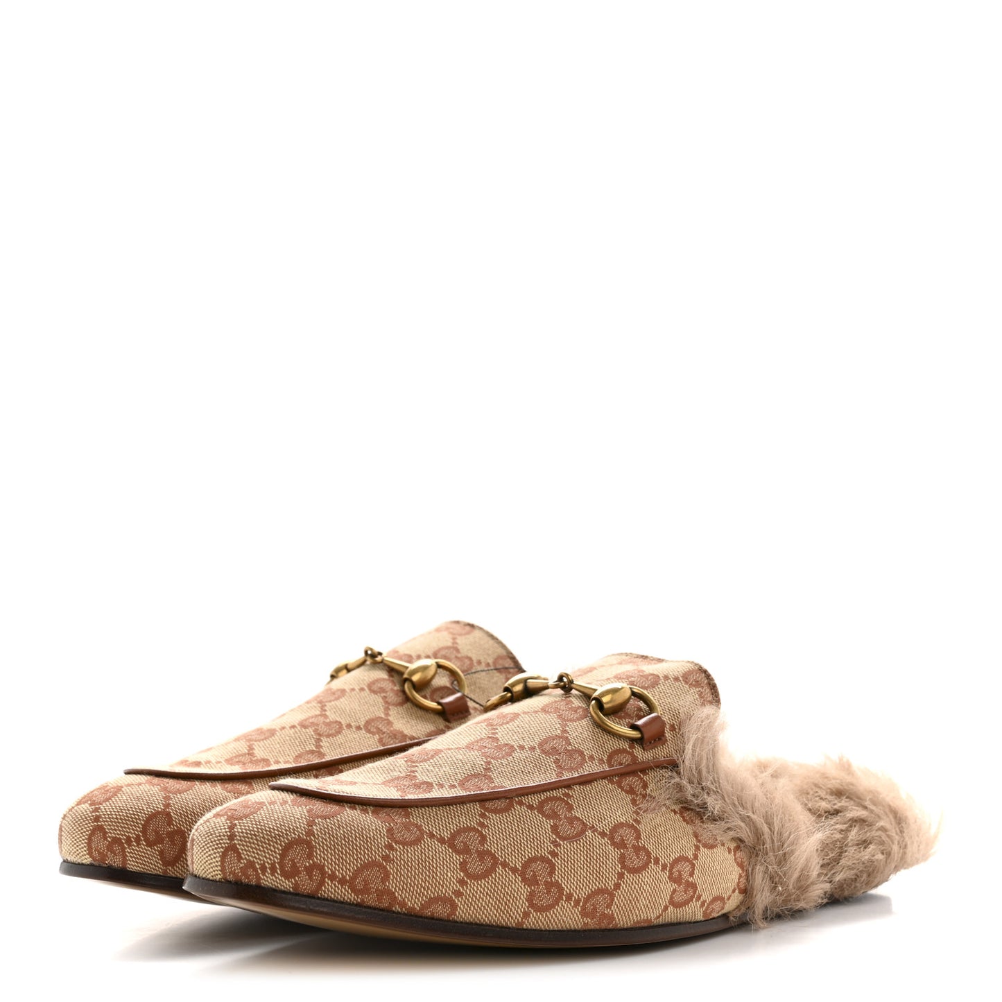 GG Monogram Fur Mens Princetown Slippers 7.5 Beige Ruggine Rust