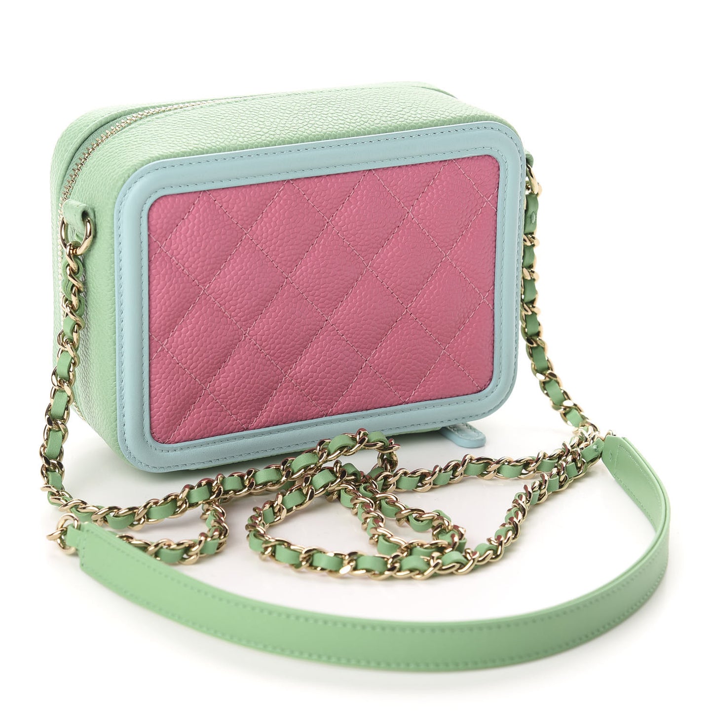 Caviar Quilted Filigree Vanity Clutch With Chain Pink Light Blue Green