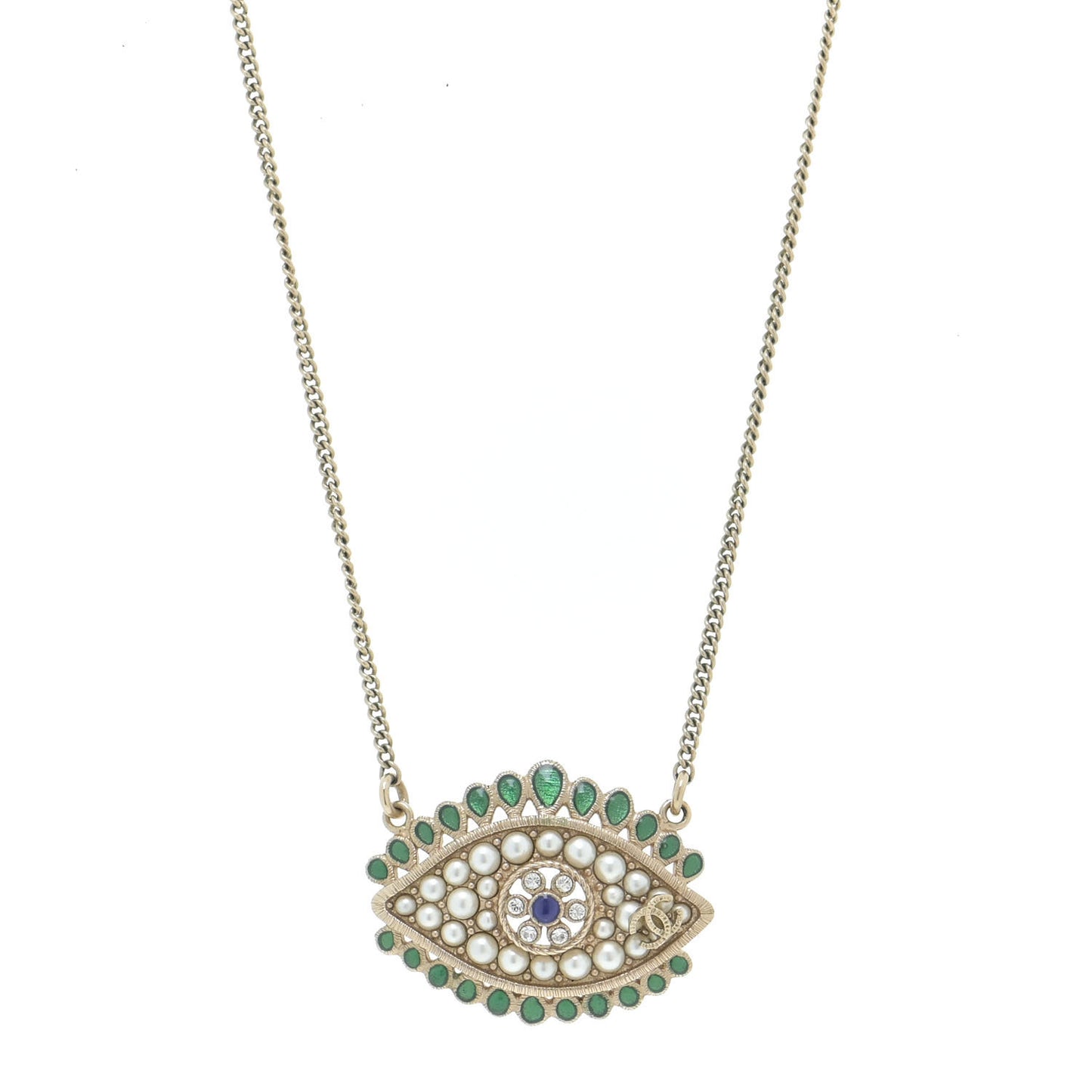 Resin Crystal Glass Pearl Eye Pendant Necklace Gold Multicolor