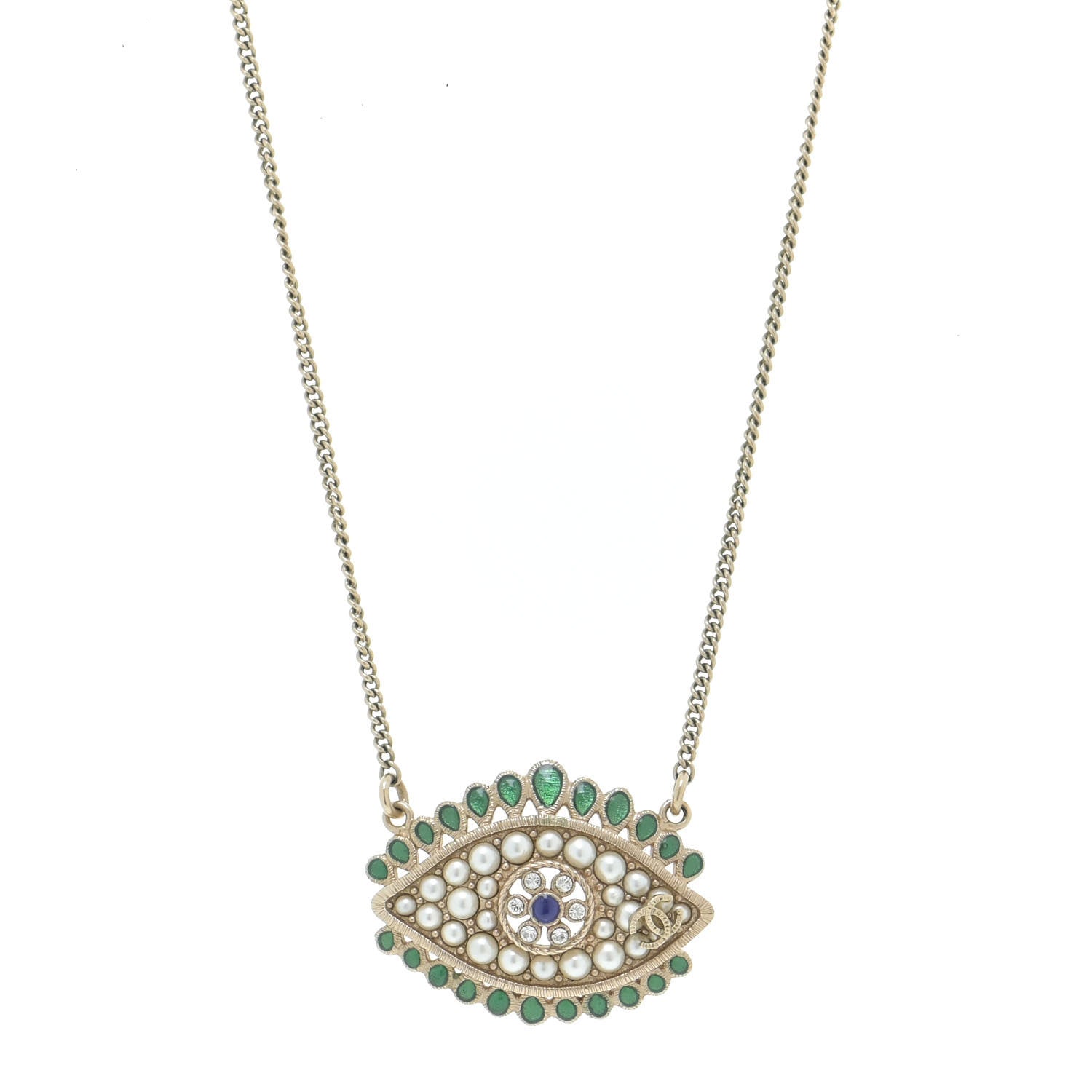 Chanel Resin Crystal Glass Pearl Eye Pendant Necklace Gold Multicolor 1 of 5