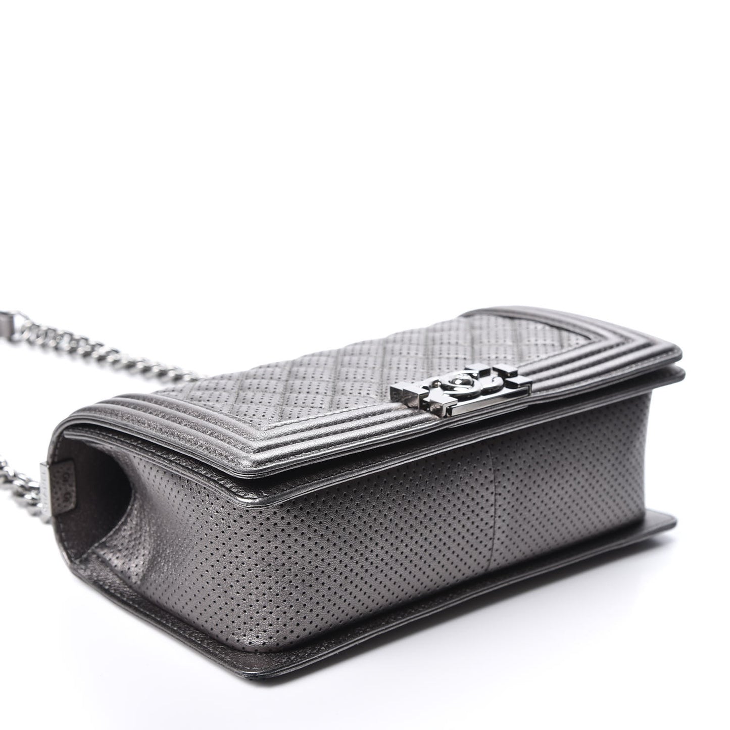 Metallic Lambskin Perforated Medium Boy Flap Dark Silver