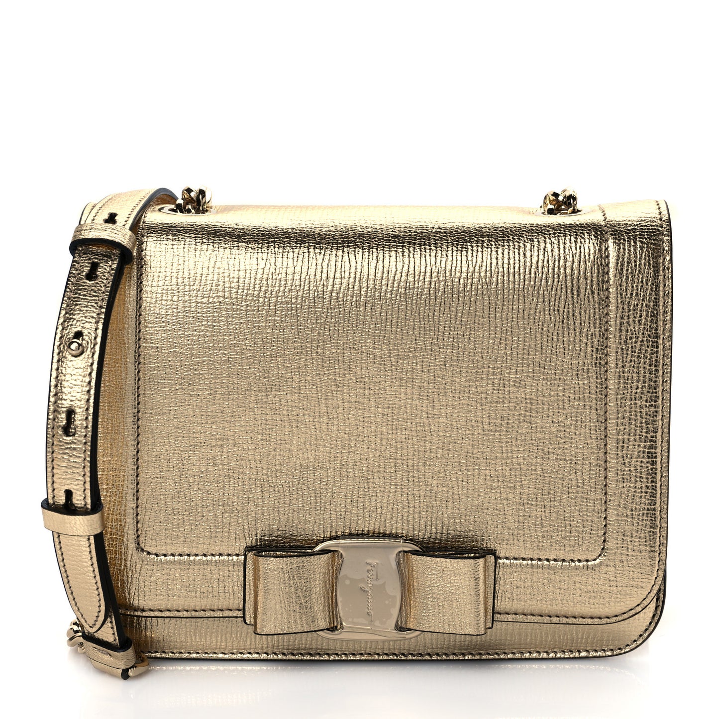 Metallic Hammered Calfskin Small Vara Chain Crossbody Gold