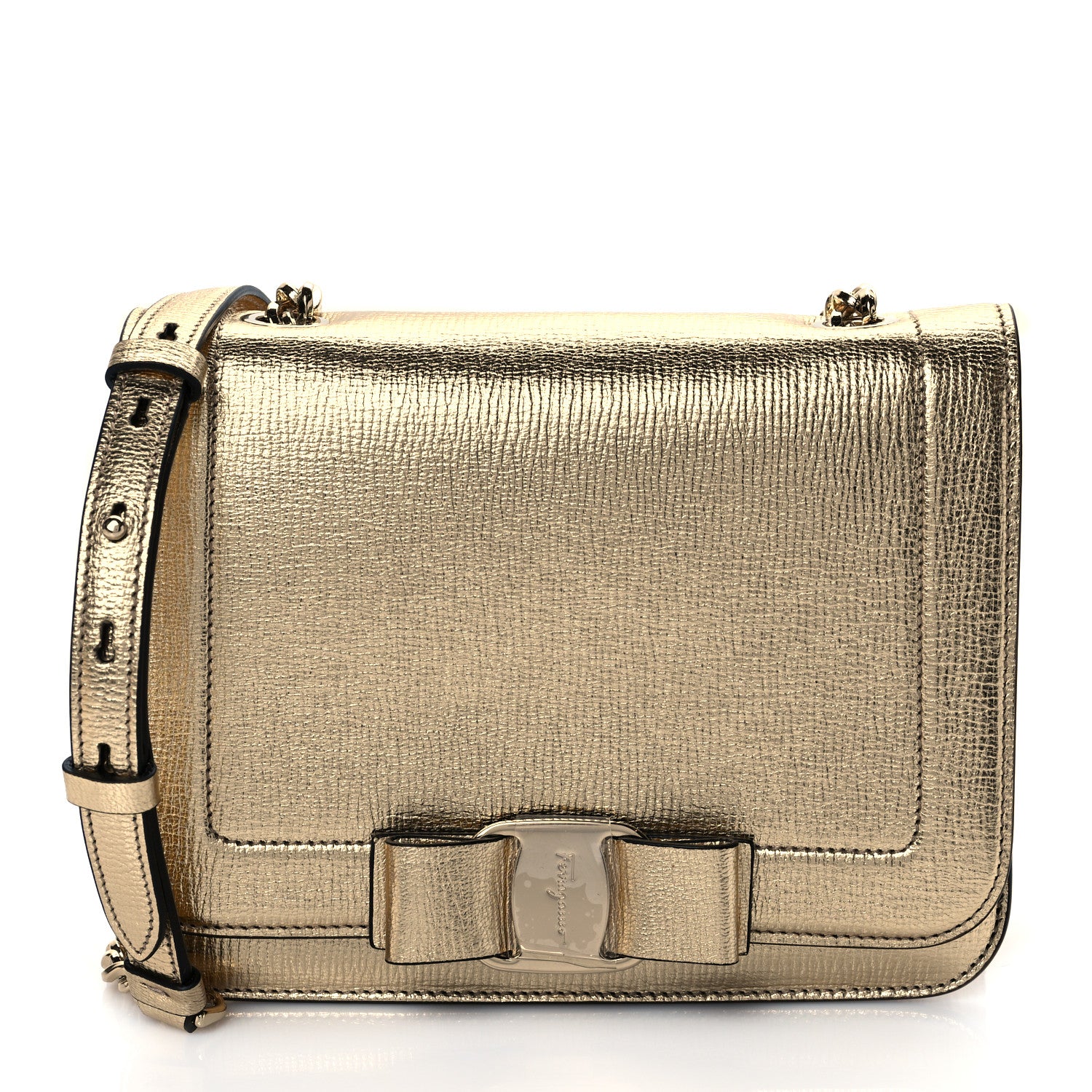 Salvatore Ferragamo Metallic Hammered Calfskin Small Vara Chain Crossbody Gold 1 of 9