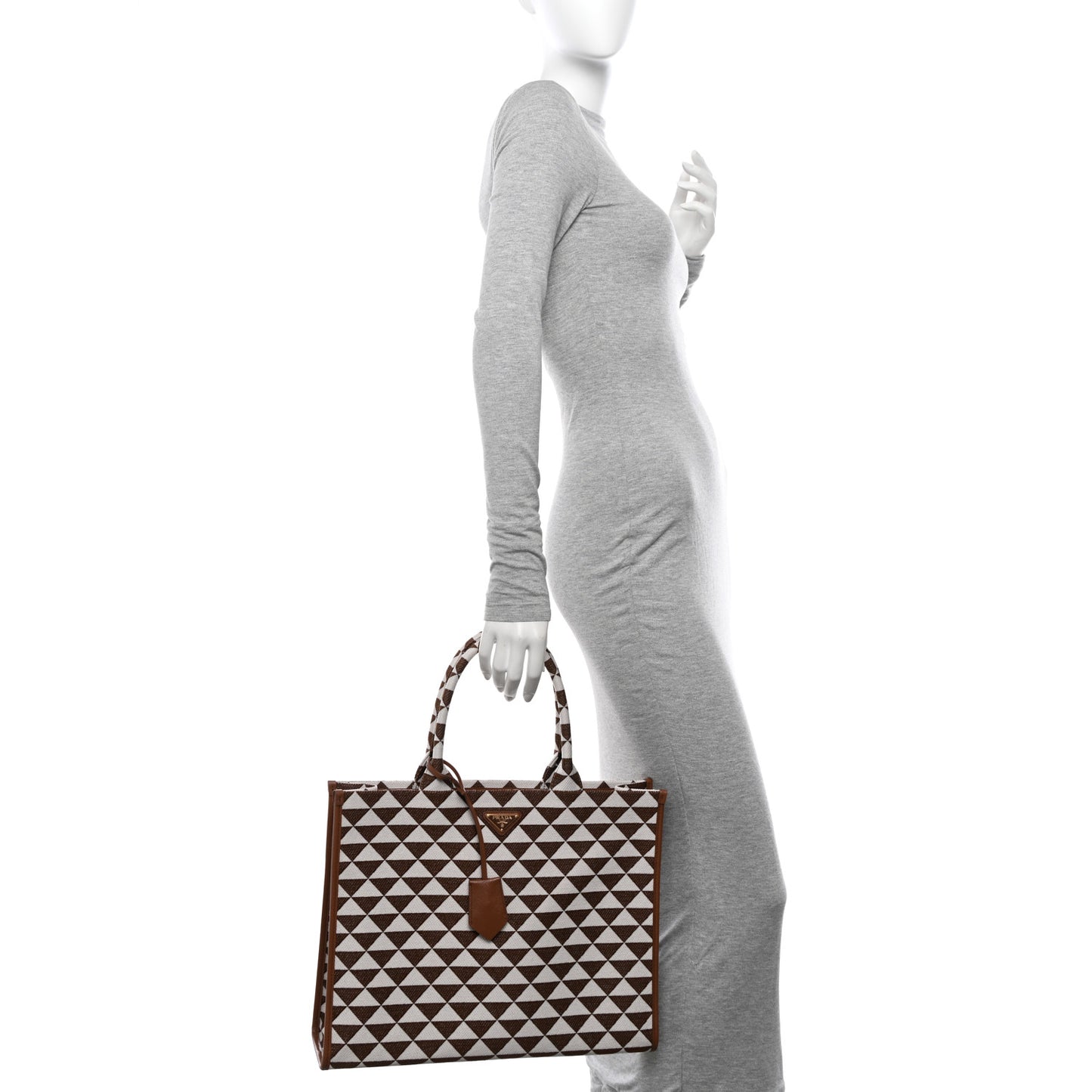 Jacquard Saffiano Triangolo Symbole Embroidered Large Tote Tobacco Talco