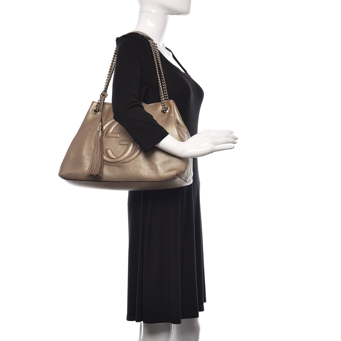 Metallic Pebbled Calfskin Medium Soho Chain Shoulder Bag Golden Beige