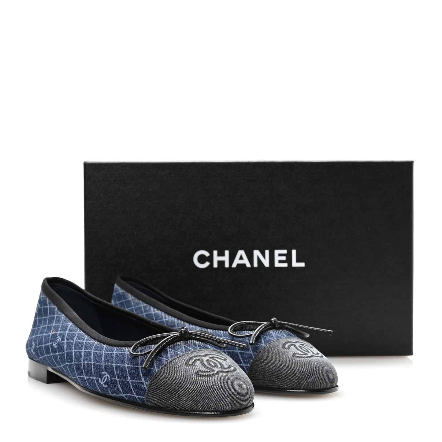 Denim Printed Quilt CC Cap Toe Ballerina Flats 37 Navy Blue Dark Grey