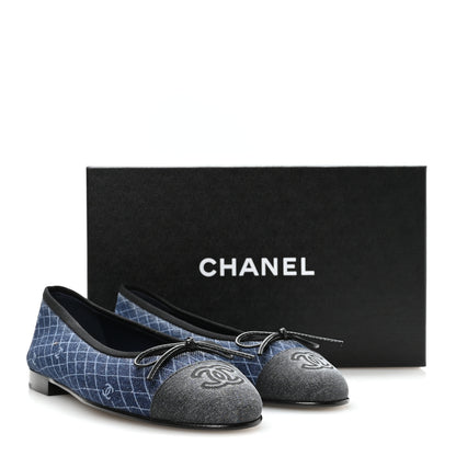 Chanel Denim Printed Quilt CC Cap Toe Ballerina Flats 37 Navy Blue Dark Grey 9 of 9