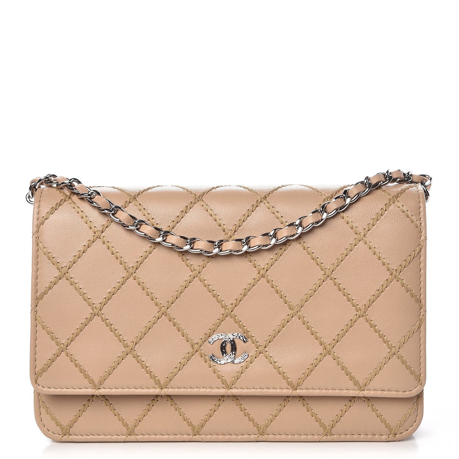Chanel Calfskin Diamond Stitch Wallet On Chain WOC Beige 1 of 10