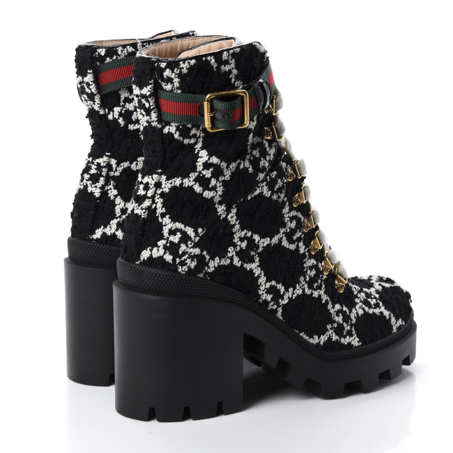 Gucci Tweed GG Monogram Lace Up Combat Ankle Boots 38 Black 4 of 12