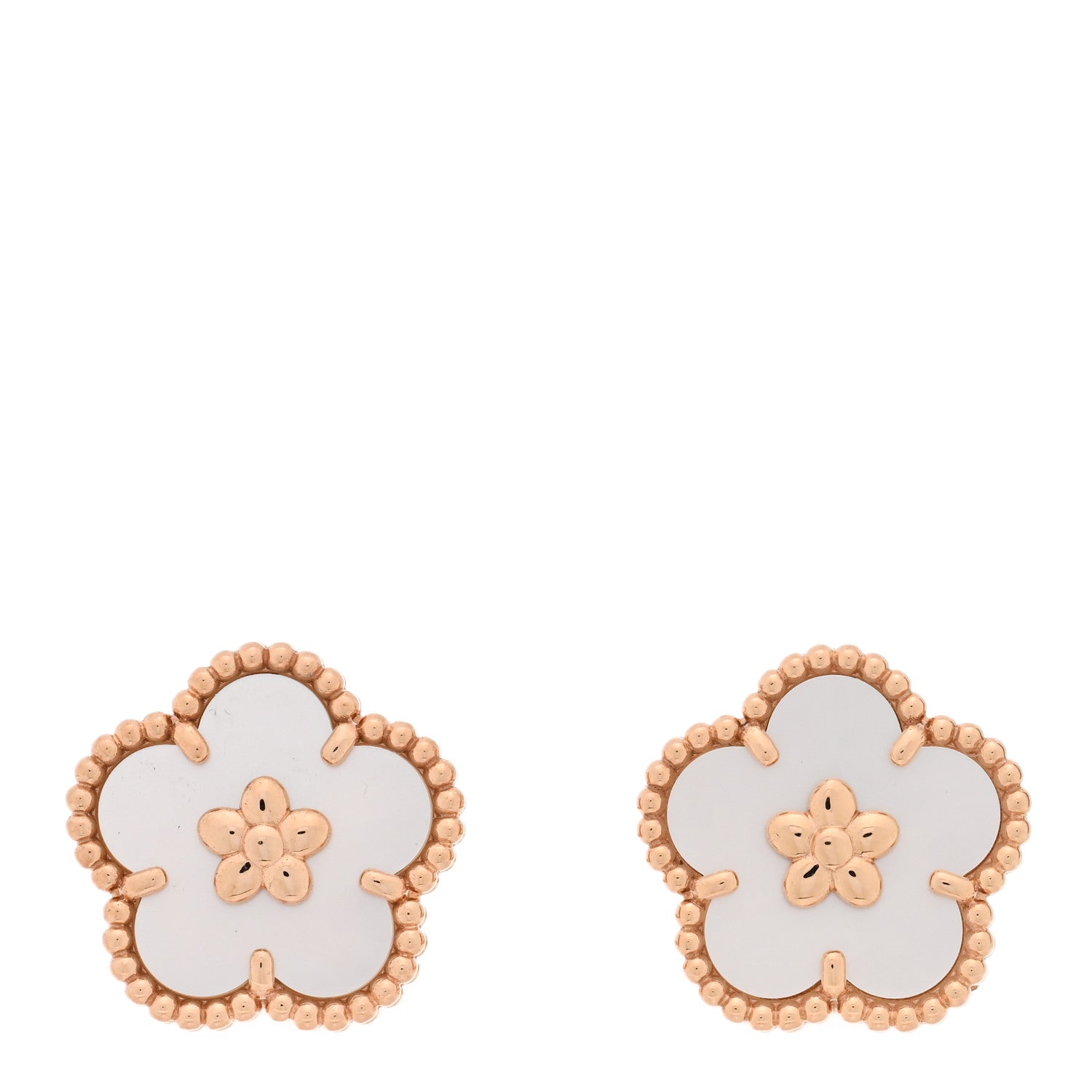 Van Cleef & Arpels 18K Rose Gold Mother of Pearl Lucky Springs Plum Blossom Earrings 1 of 5