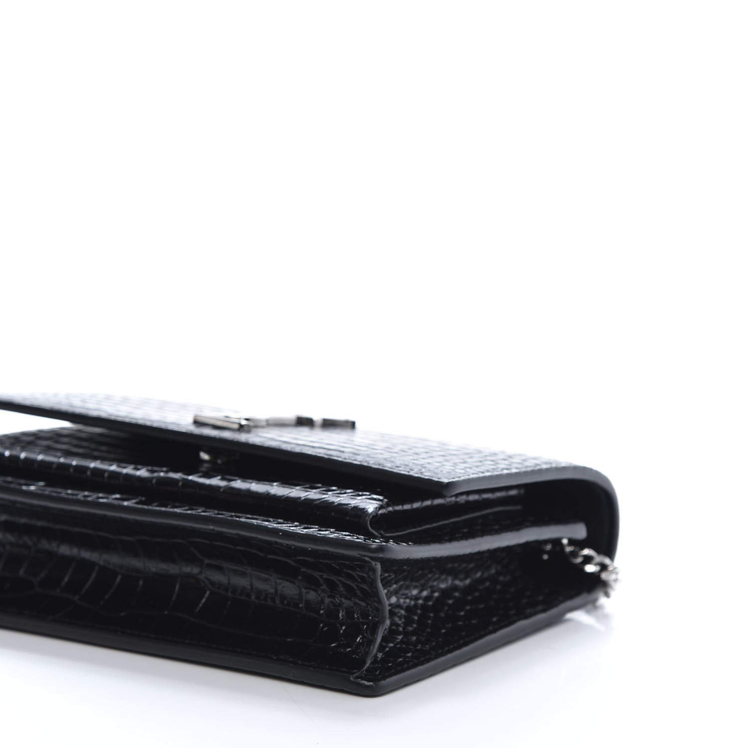 Saint Laurent Calfskin Crocodile Embossed Monogram Sunset Top Handle Chain Wallet Black 7 of 12