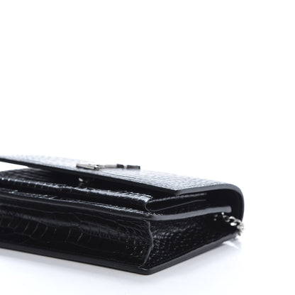 Saint Laurent Calfskin Crocodile Embossed Monogram Sunset Top Handle Chain Wallet Black 7 of 12