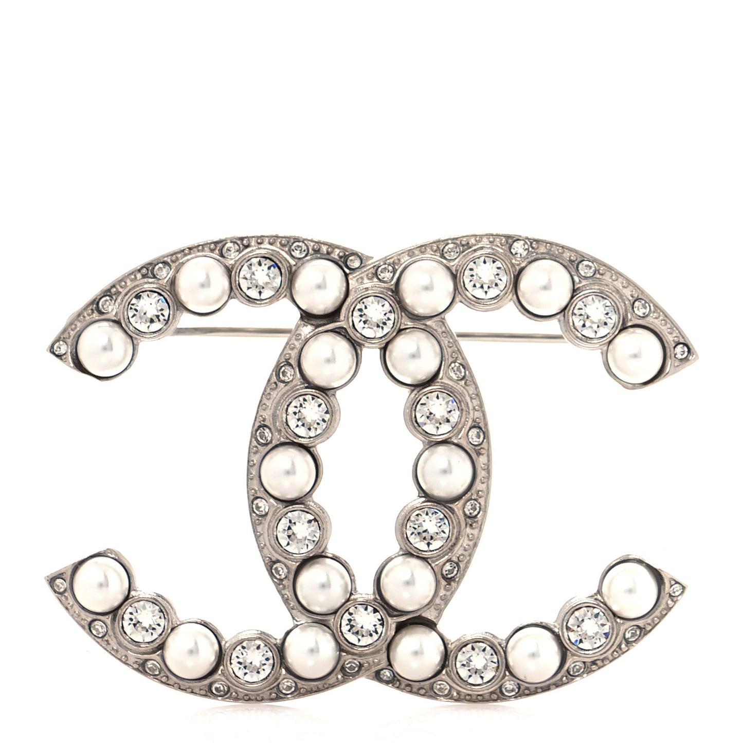 Pearl Crystal CC Brooch Silver