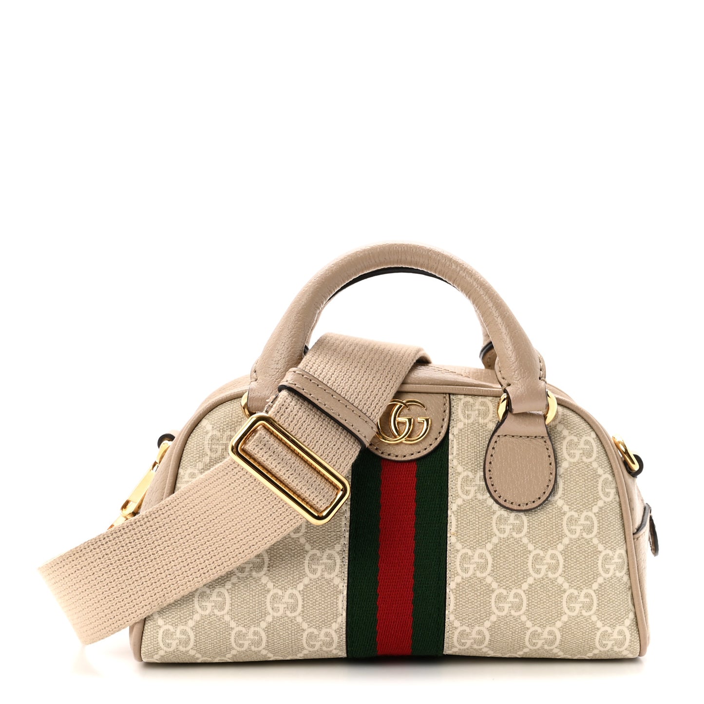 GG Supreme Monogram Textured Dollar Calfskin Web Mini Ophidia Top Handle Bowler Bag Beige Mystic White Oatmeal