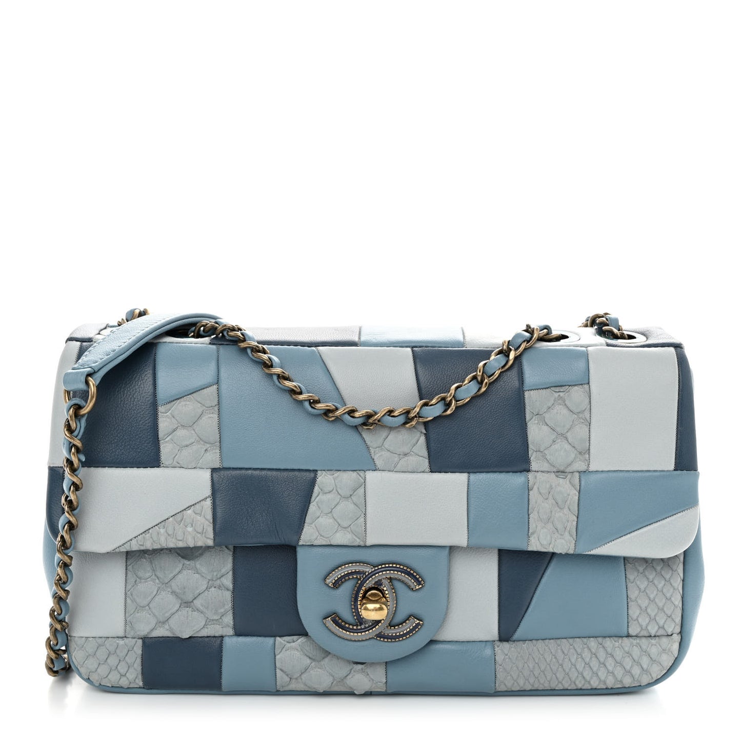 Snakeskin Lambskin Patchwork Small Flap Blue