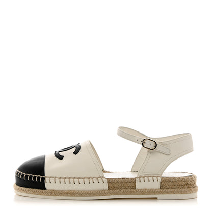 Chanel Lambskin Cap Toe CC Espadrille Sandals 38 White Black 1 of 11