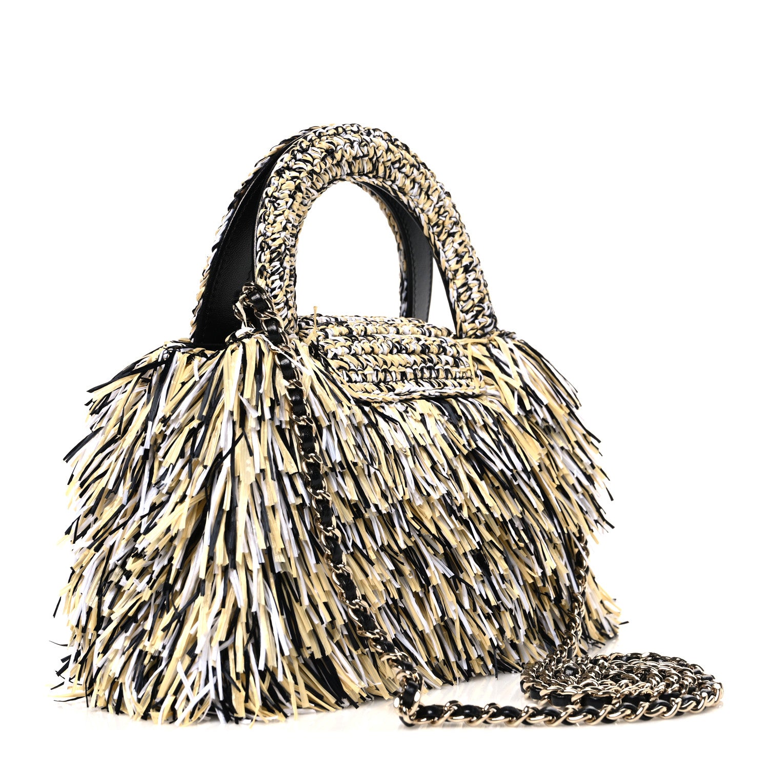 Chanel Raffia Fringe Nano Kelly Shopper Black White Beige 3 of 10