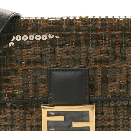 Fendi Fabric Jacquard Paillettes Vitello Seta FF 1974 Baguette Testa di Moro Real Ebano 7 of 10