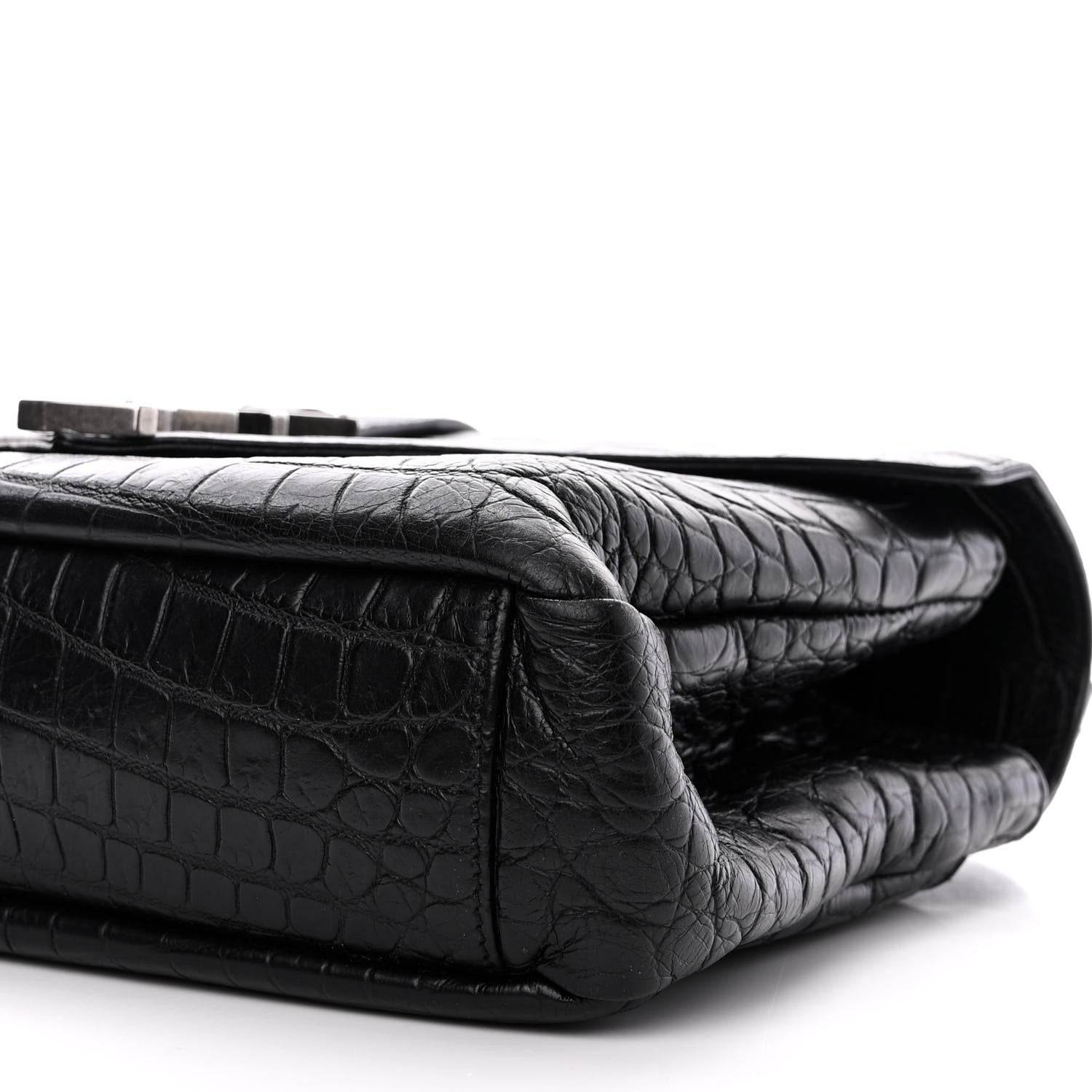 Saint Laurent Calfskin Crocodile Embossed College Monogram Satchel Black 11 of 12