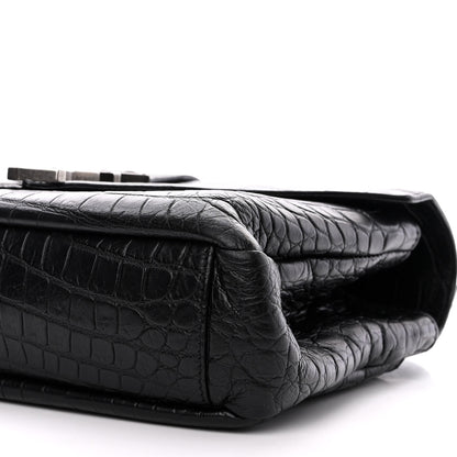 Saint Laurent Calfskin Crocodile Embossed College Monogram Satchel Black 11 of 12