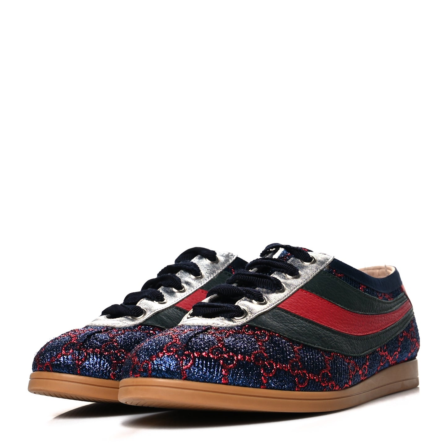 Lurex Calfskin Web GG Monogram Womens Falacer Sneakers 38 Iridescent Blue Iridescent Red Silver