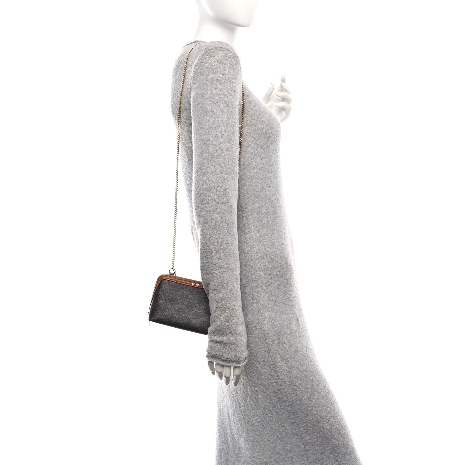 Celine Triomphe Canvas Lambskin Clutch On Chain Tan 2 of 12