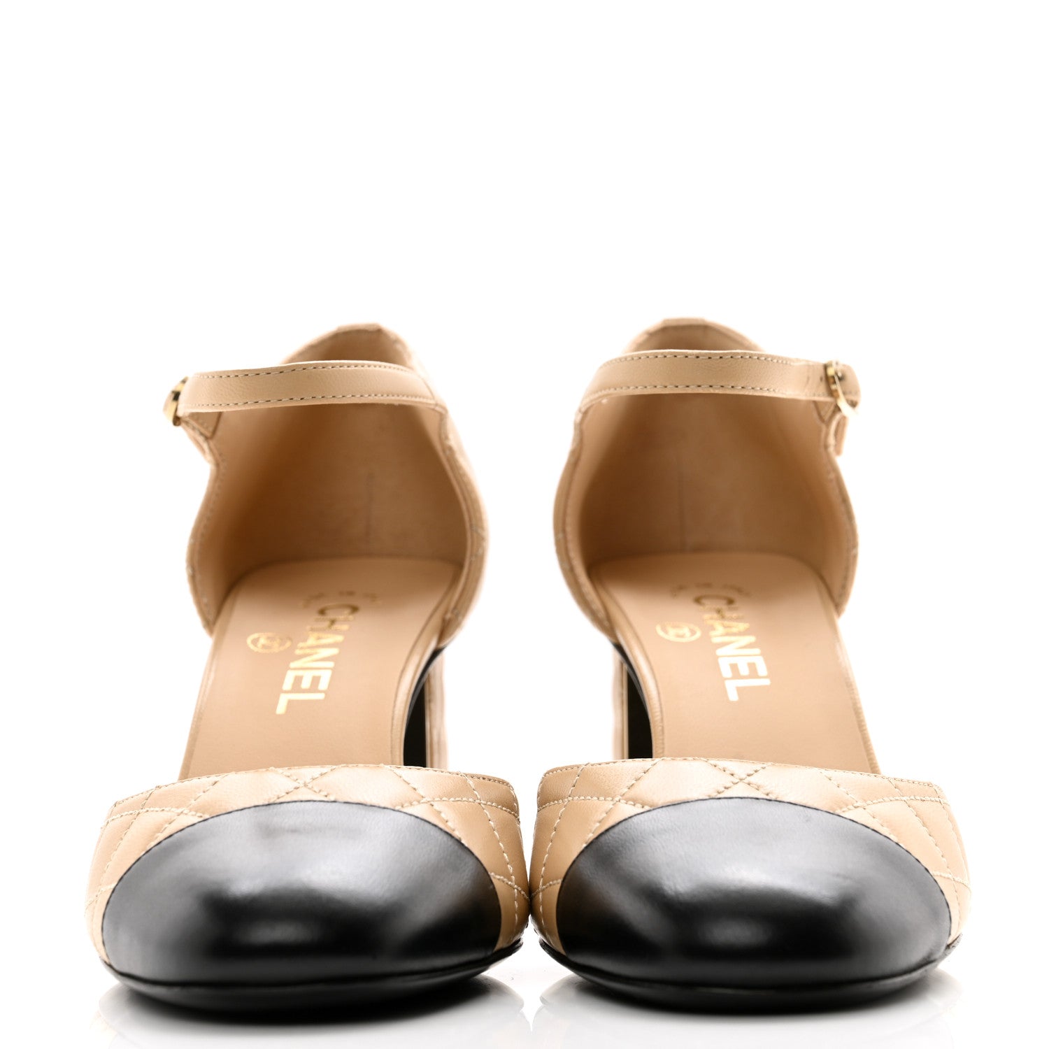 Chanel Lambskin Quilted Cap Toe Mary Jane Pumps 38 Beige Black 2 of 9