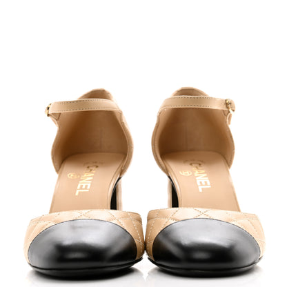Chanel Lambskin Quilted Cap Toe Mary Jane Pumps 38 Beige Black 2 of 9