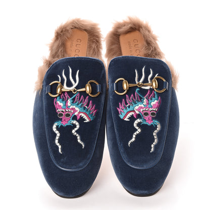 Gucci Velvet Fur Dragon Embroidered Mens Princetown Slippers 8 Zaffre Dark Zaffre 11 of 11