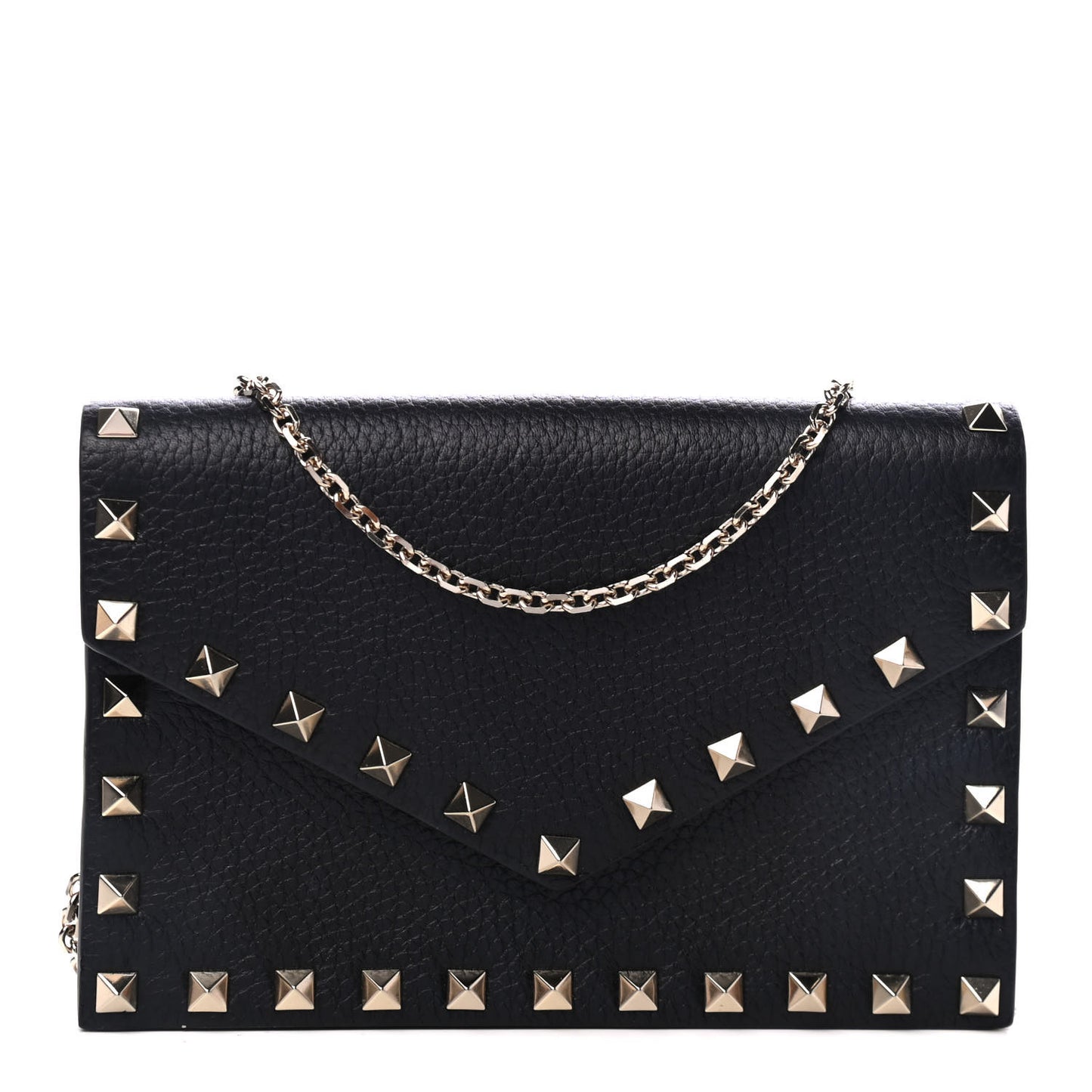 Pebbled Calfskin Rockstud Envelope Wallet on Chain Black